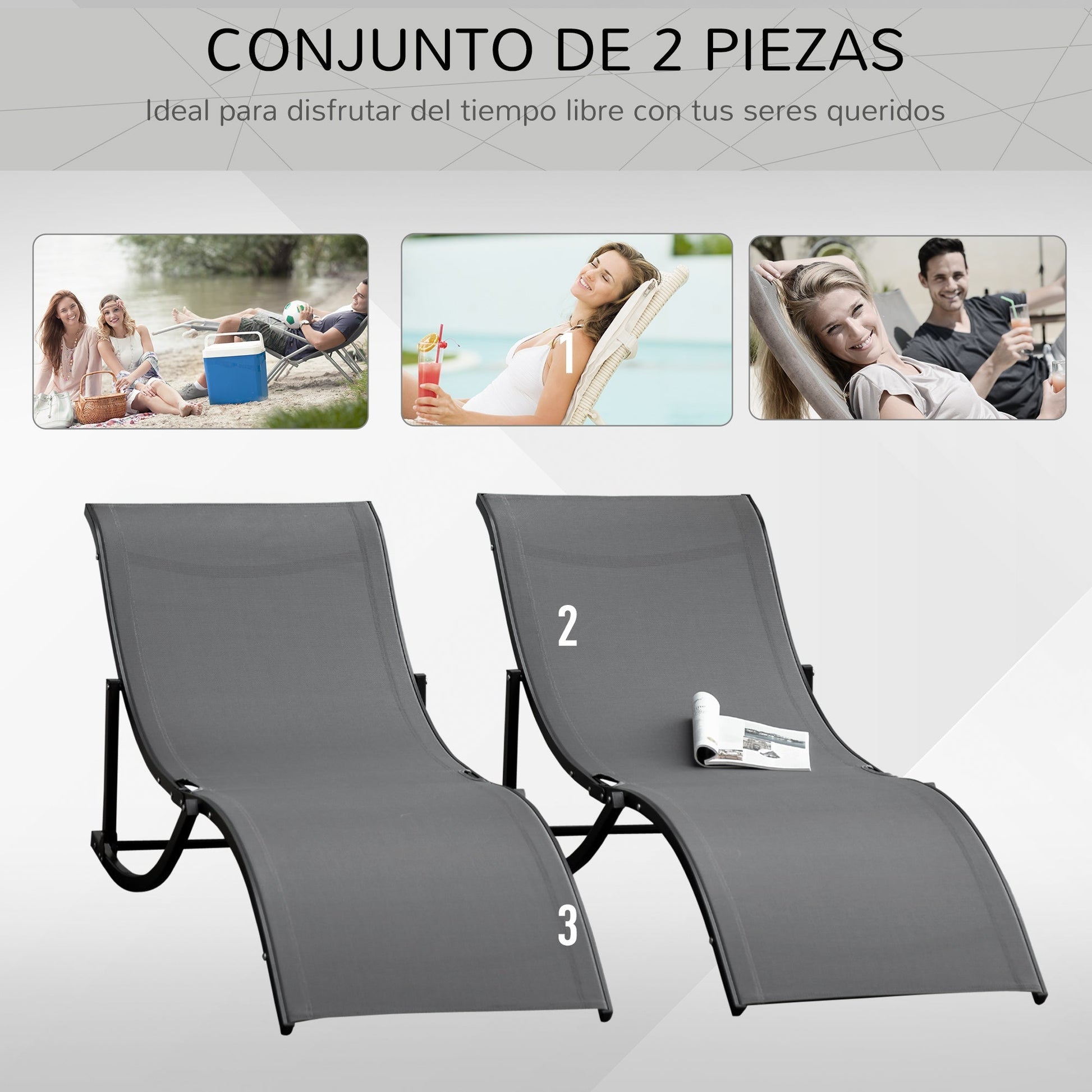 Outsunny Conjunto 2 Espreguiçadeiras Ergonômicas Dobráveis em Forma de S com Estrutura de Alumínio Textilene para Piscina Pátio Jardim e Varanda 165x61x63cm Cinza - A minha loja