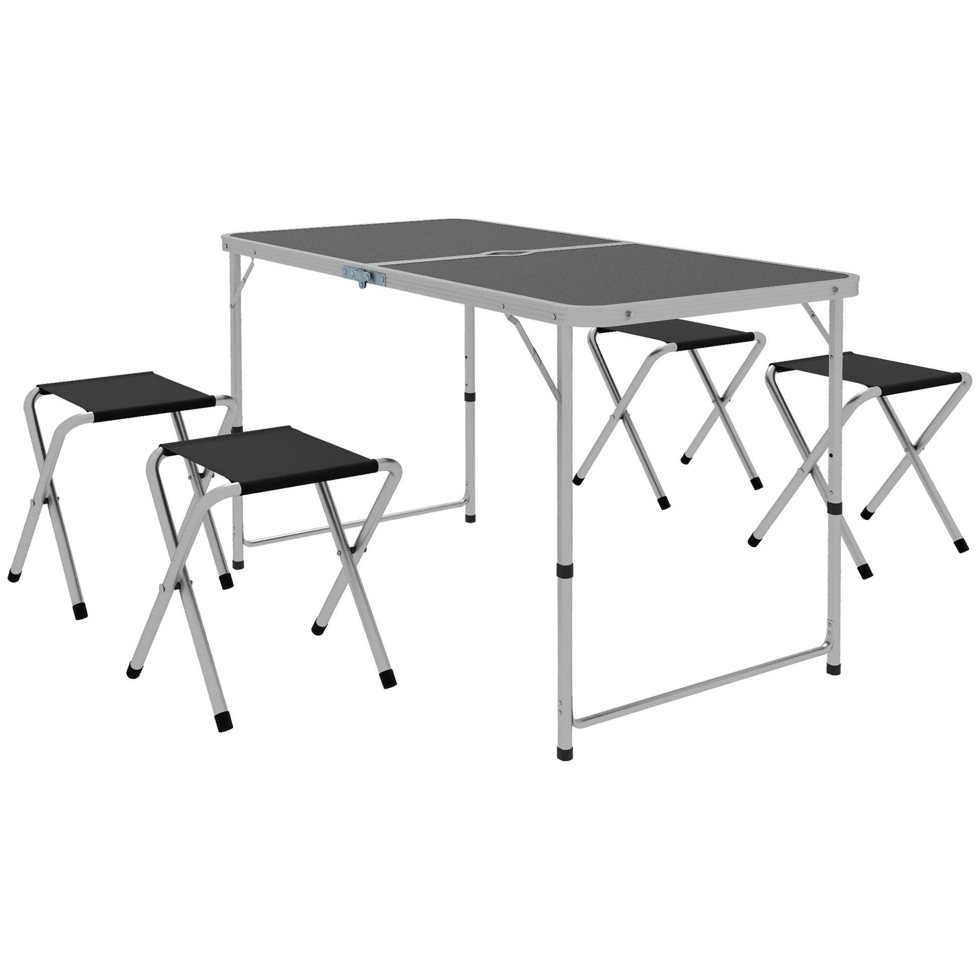 Outsunny Conjunto de Campismo de 5 Peças Mesa de Campismo Dobrável com Assentos Inclui 1 Mesa para Campismo Ajustável em Altura com Orifício e 4 Assentos Dobráveis para Piquenique Preto - A minha loja