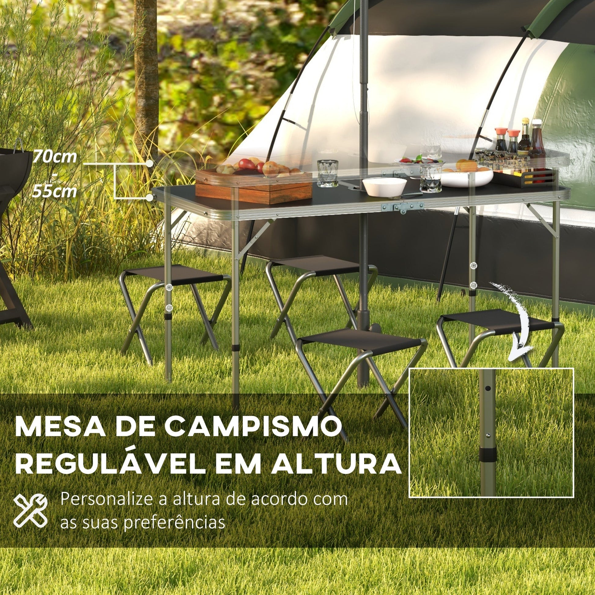 Outsunny Conjunto de Campismo de 5 Peças Mesa de Campismo Dobrável com Assentos Inclui 1 Mesa para Campismo Ajustável em Altura com Orifício e 4 Assentos Dobráveis para Piquenique Preto - A minha loja