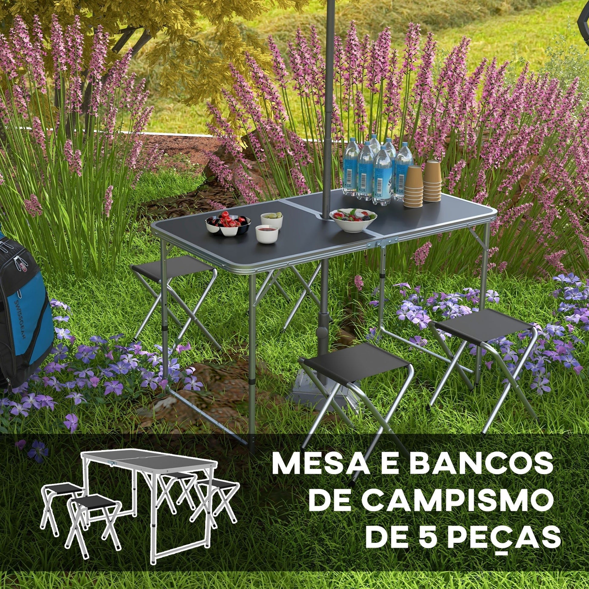 Outsunny Conjunto de Campismo de 5 Peças Mesa de Campismo Dobrável com Assentos Inclui 1 Mesa para Campismo Ajustável em Altura com Orifício e 4 Assentos Dobráveis para Piquenique Preto - A minha loja