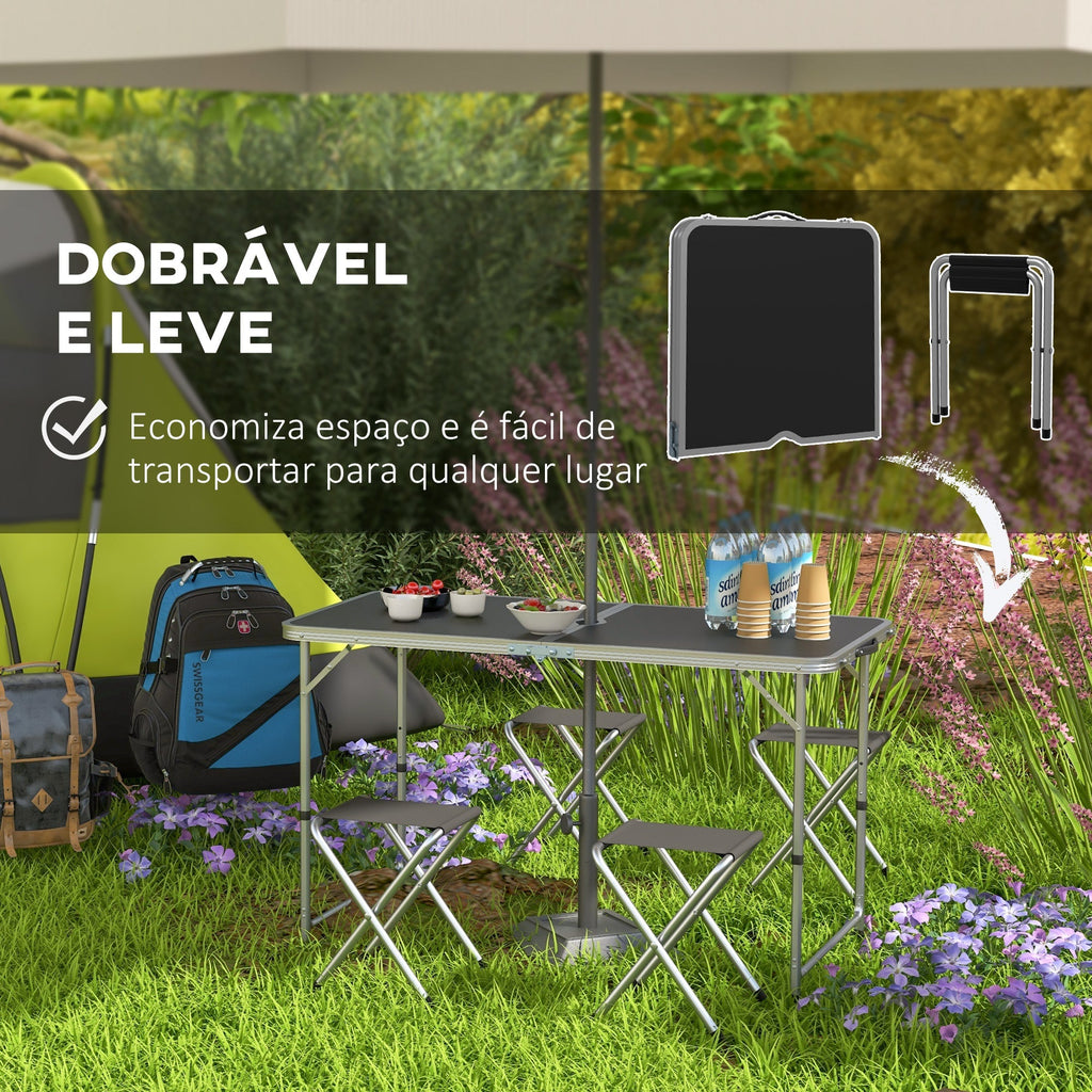 Outsunny Conjunto de Campismo de 5 Peças Mesa de Campismo Dobrável com Assentos Inclui 1 Mesa para Campismo Ajustável em Altura com Orifício e 4 Assentos Dobráveis para Piquenique Preto - A minha loja