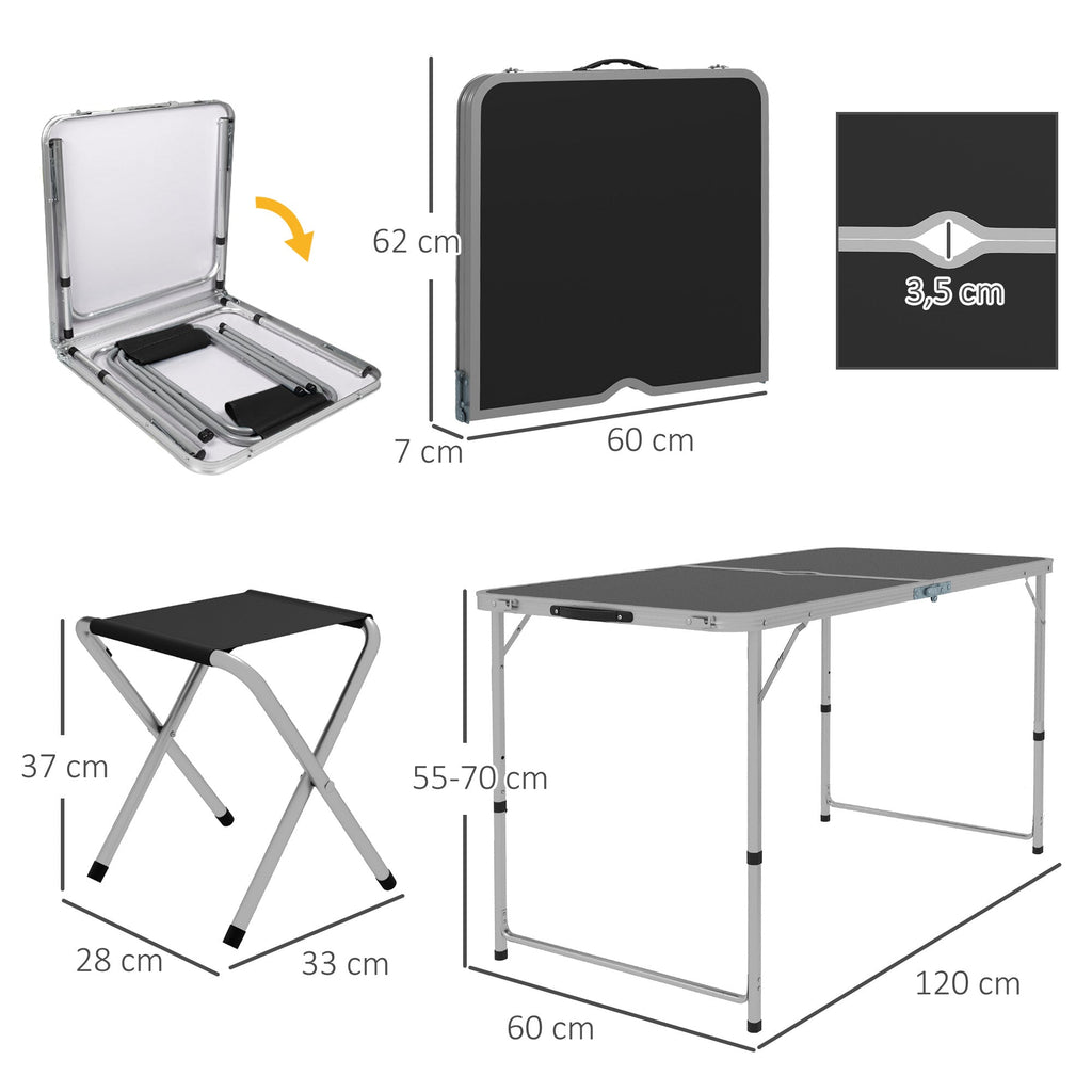 Outsunny Conjunto de Campismo de 5 Peças Mesa de Campismo Dobrável com Assentos Inclui 1 Mesa para Campismo Ajustável em Altura com Orifício e 4 Assentos Dobráveis para Piquenique Preto - A minha loja