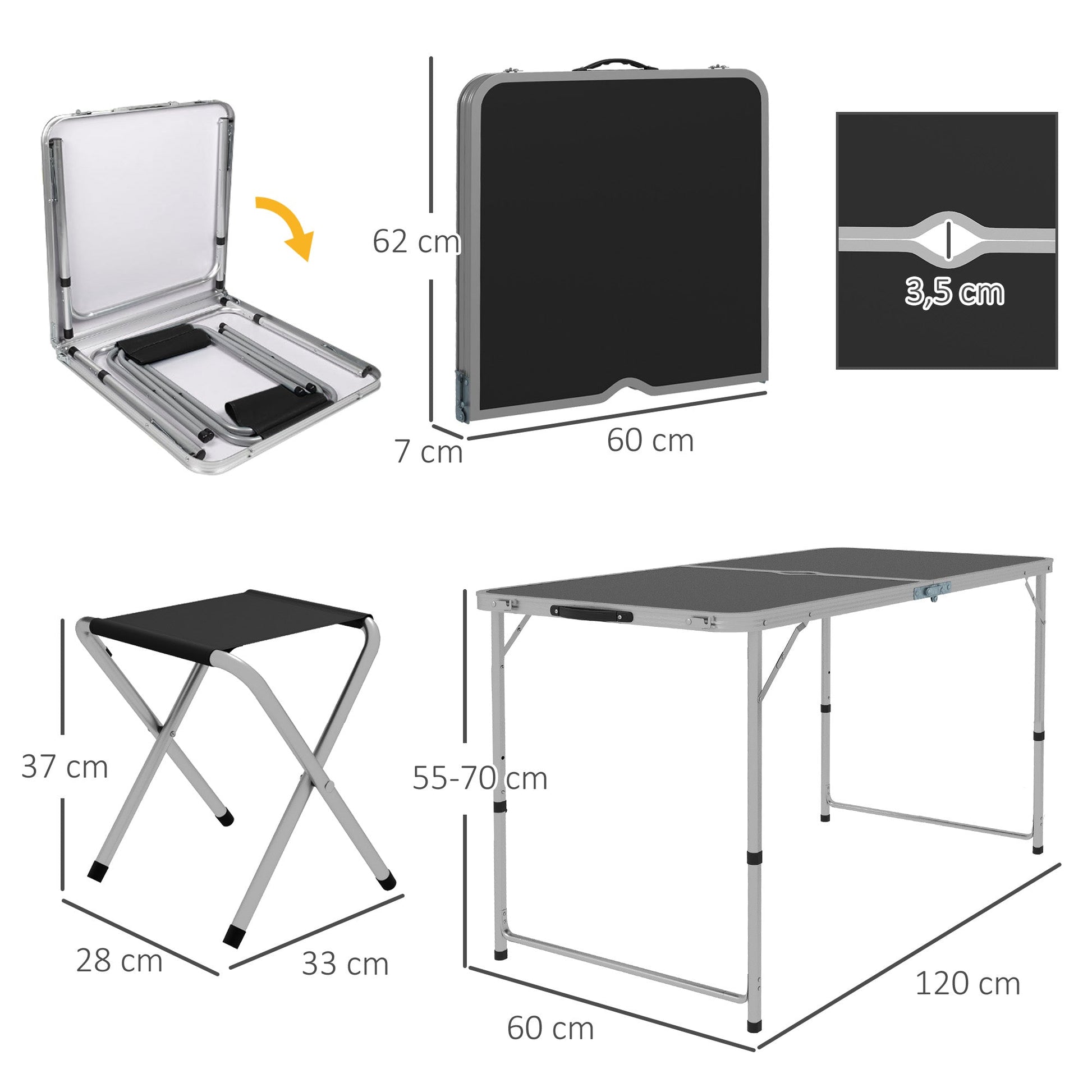 Outsunny Conjunto de Campismo de 5 Peças Mesa de Campismo Dobrável com Assentos Inclui 1 Mesa para Campismo Ajustável em Altura com Orifício e 4 Assentos Dobráveis para Piquenique Preto - A minha loja