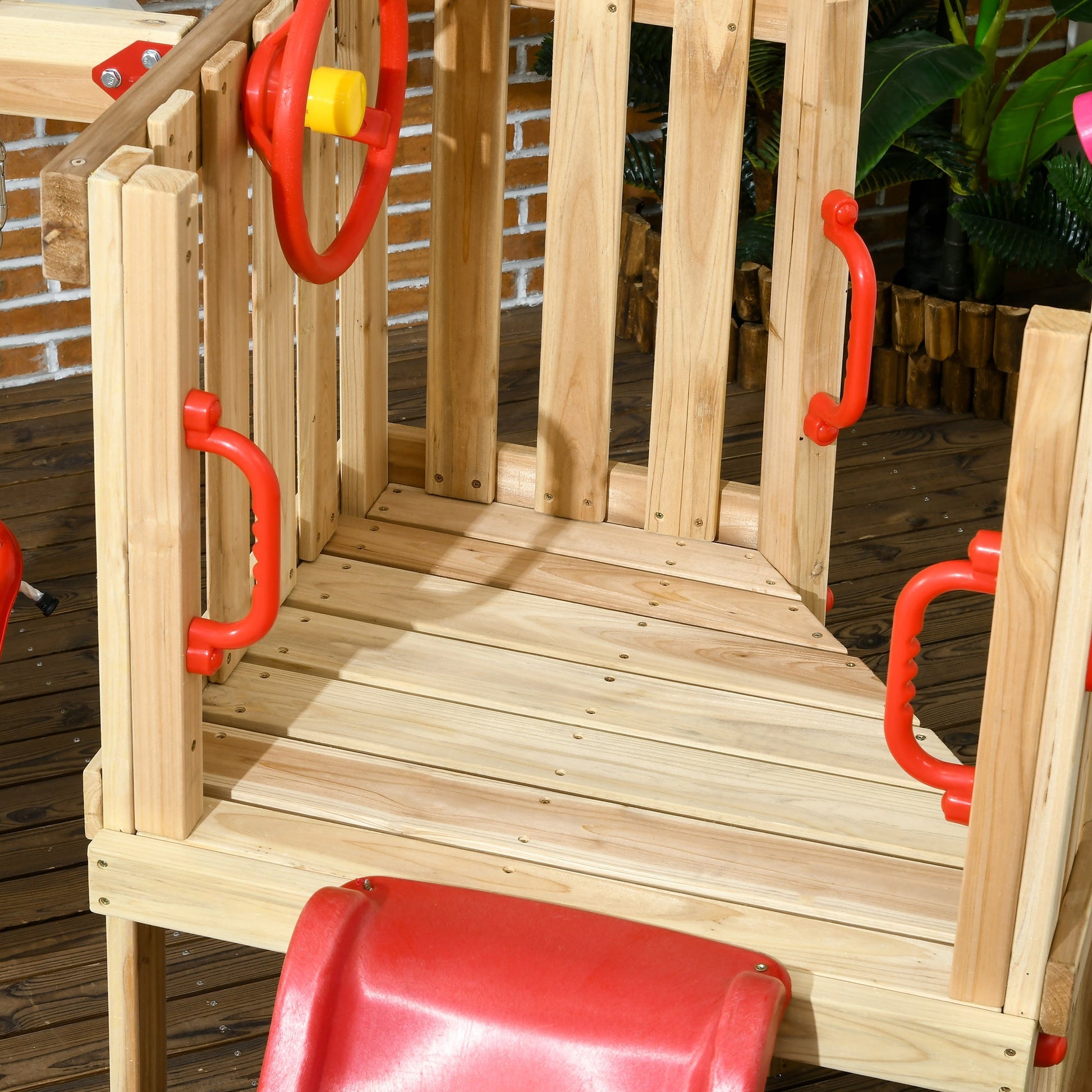 Outsunny Conjunto de Escorrega e Baloiço para Crianças de 18 - 48 Meses 4 em 1 Parque Infantil de Madeira com Baloiço Escorrega Volante Buzina para Pátio Relvado 170x200x118 cm Vermelho e Natural - A minha loja