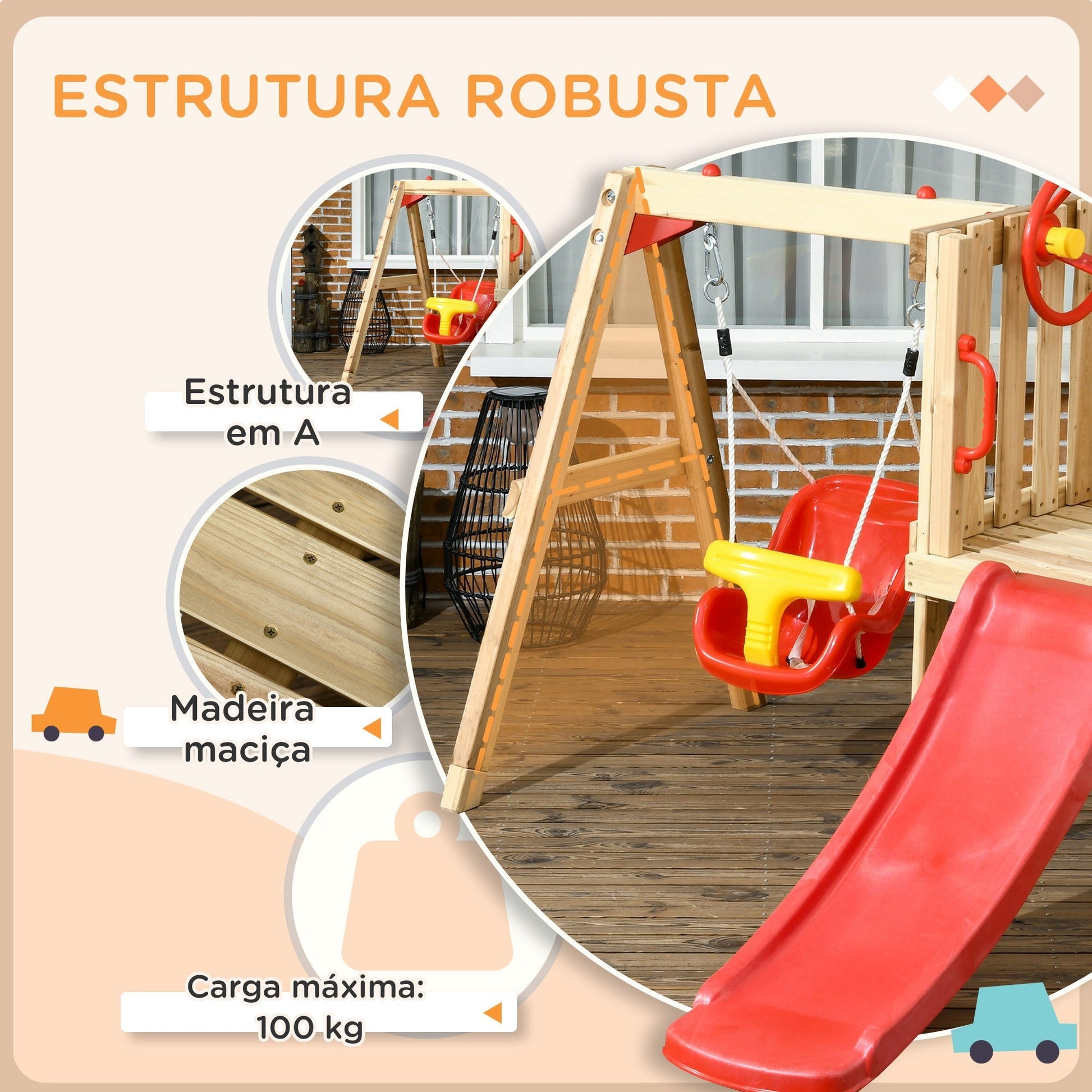Outsunny Conjunto de Escorrega e Baloiço para Crianças de 18 - 48 Meses 4 em 1 Parque Infantil de Madeira com Baloiço Escorrega Volante Buzina para Pátio Relvado 170x200x118 cm Vermelho e Natural - A minha loja