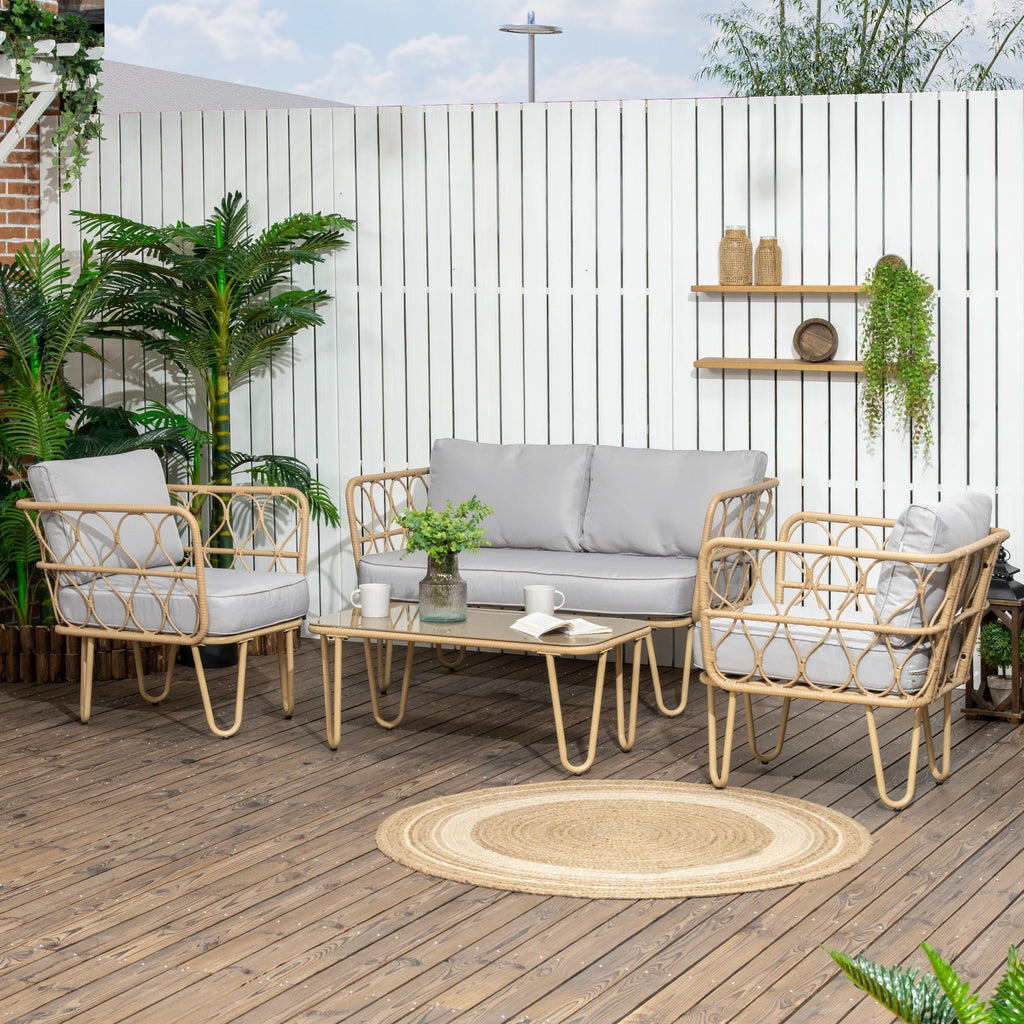 Outsunny Conjunto de Jardim de 4 Peças em Vime Sintético com 2 Poltronas 1 Sofá de 2 Lugares 1 Mesa de Centro e Almofadas Natural e Cinza - A minha loja