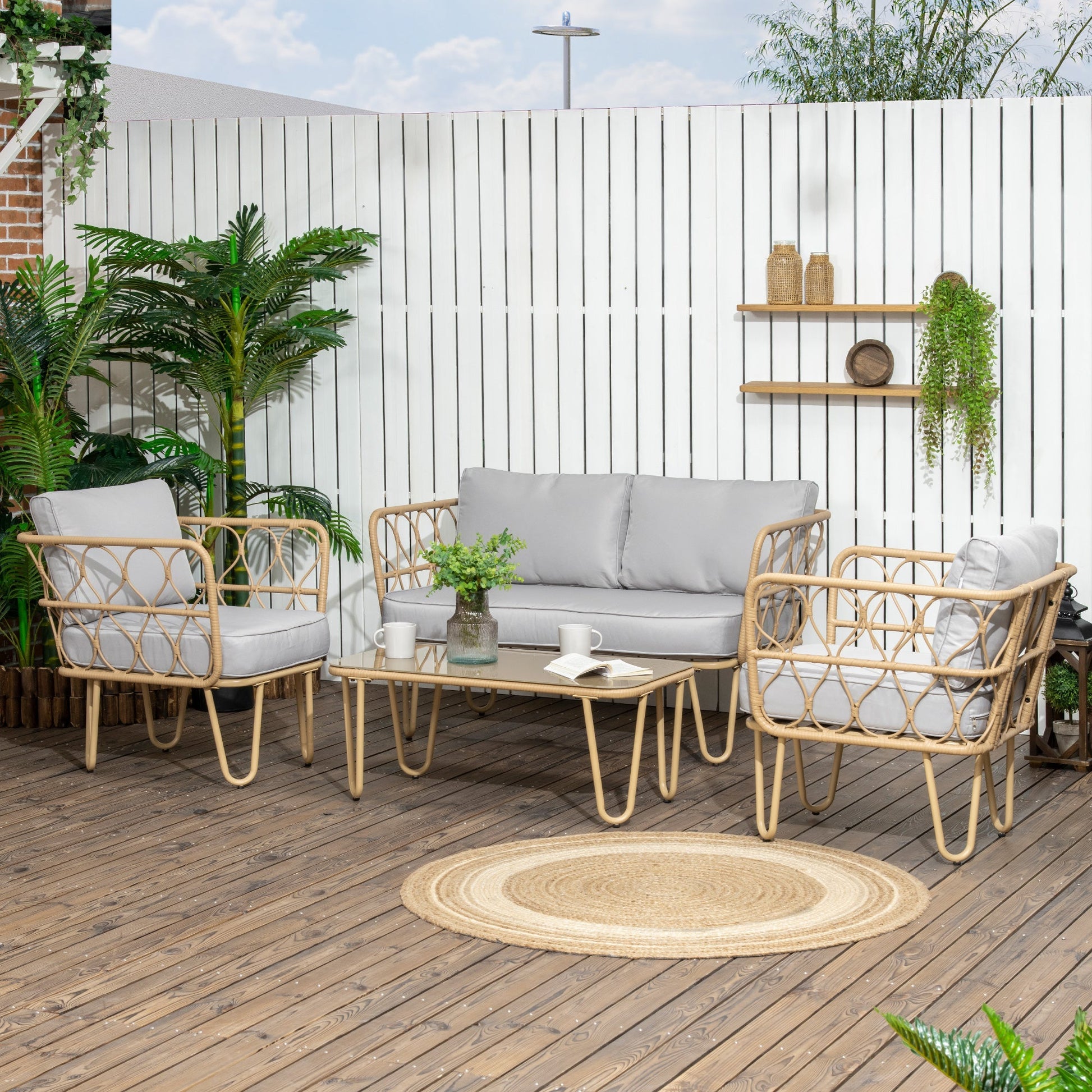 Outsunny Conjunto de Jardim de 4 Peças em Vime Sintético com 2 Poltronas 1 Sofá de 2 Lugares 1 Mesa de Centro e Almofadas Natural e Cinza - A minha loja