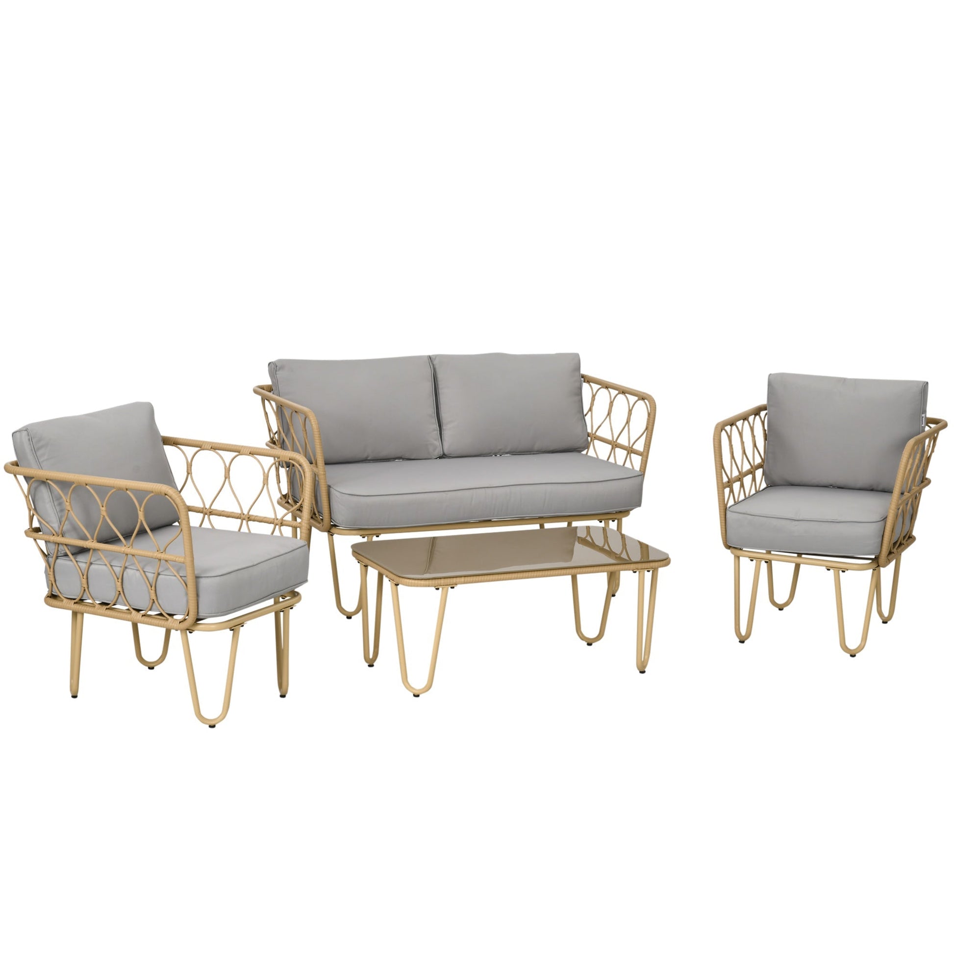 Outsunny Conjunto de Jardim de 4 Peças em Vime Sintético com 2 Poltronas 1 Sofá de 2 Lugares 1 Mesa de Centro e Almofadas Natural e Cinza - A minha loja