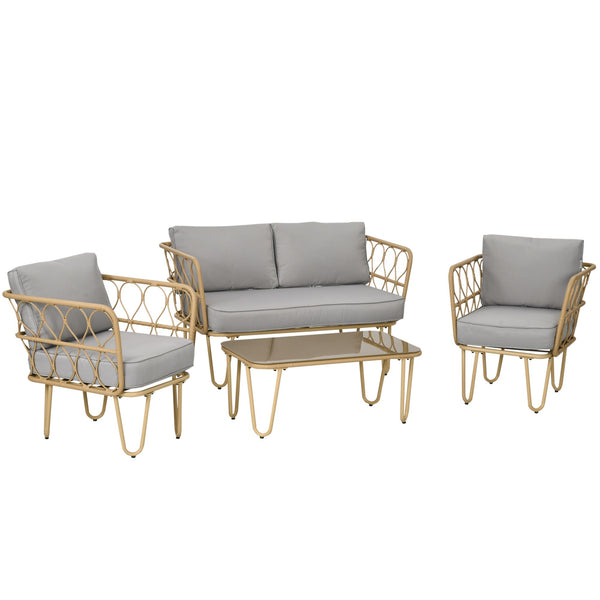 Conjunto de Jardim de 4 Peças em Vime Sintético com 2 Poltronas 1 Sofá de 2 Lugares 1 Mesa de Centro e Almofadas Natural e Cinza