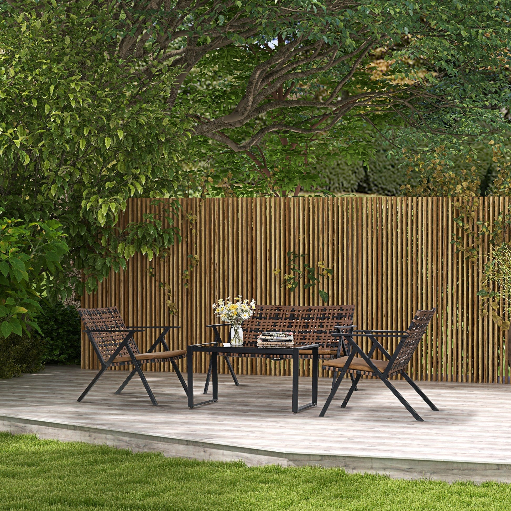 Outsunny Conjunto de Jardim de 4 Peças em Vime Sintético Móveis de Jardim com 2 Poltronas 1 Sofá de 2 Lugares e 1 Mesa de Vidro Temperado para Terraço Pátio Marrom e Preto - A minha loja