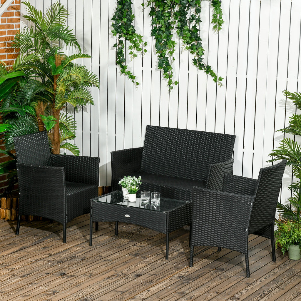 Outsunny Conjunto de Jardim de Vime Sintético Conjunto de 4 Peças Móveis de Jardim com 2 Poltronas 1 Sofá de 2 Lugares 1 Mesa de Centro com Tampo de Vidro e Almofadas Preto e Branco - A minha loja