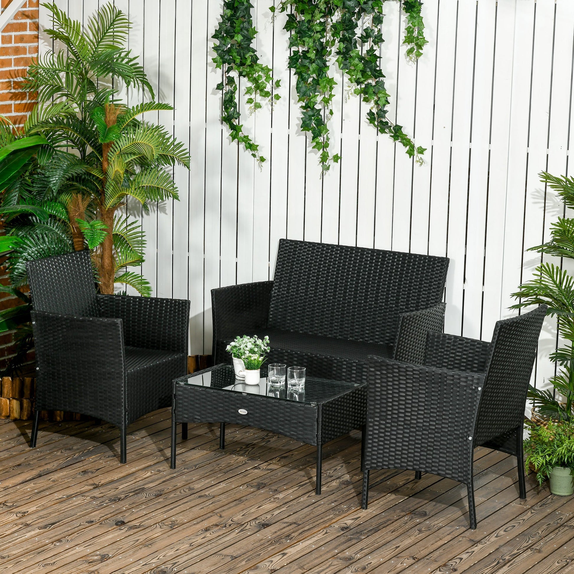 Outsunny Conjunto de Jardim de Vime Sintético Conjunto de 4 Peças Móveis de Jardim com 2 Poltronas 1 Sofá de 2 Lugares 1 Mesa de Centro com Tampo de Vidro e Almofadas Preto e Branco - A minha loja