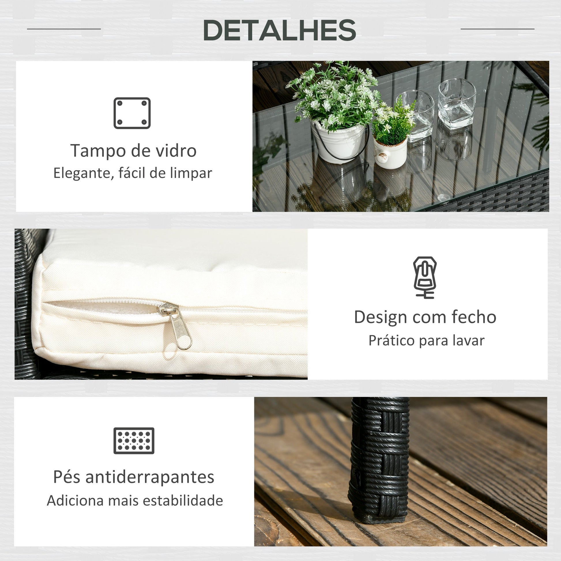 Outsunny Conjunto de Jardim de Vime Sintético Conjunto de 4 Peças Móveis de Jardim com 2 Poltronas 1 Sofá de 2 Lugares 1 Mesa de Centro com Tampo de Vidro e Almofadas Preto e Branco - A minha loja