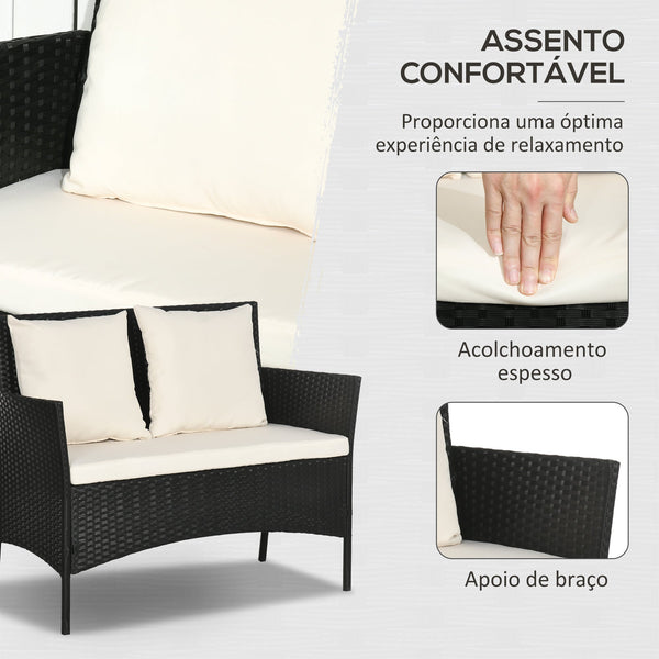 Conjunto de Jardim de Vime Sintético Conjunto de 4 Peças Móveis de Jardim com 2 Poltronas 1 Sofá de 2 Lugares 1 Mesa de Centro com Tampo de Vidro e Almofadas Preto e Branco