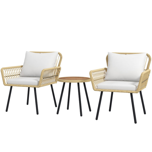 Conjunto de Mesa e Poltronas para Jardim Exterior Jogo de 3 Peças de Vime com 2 Poltronas 1 Mesa de Centro Redonda e Almofadas para Terraço Varanda Natural