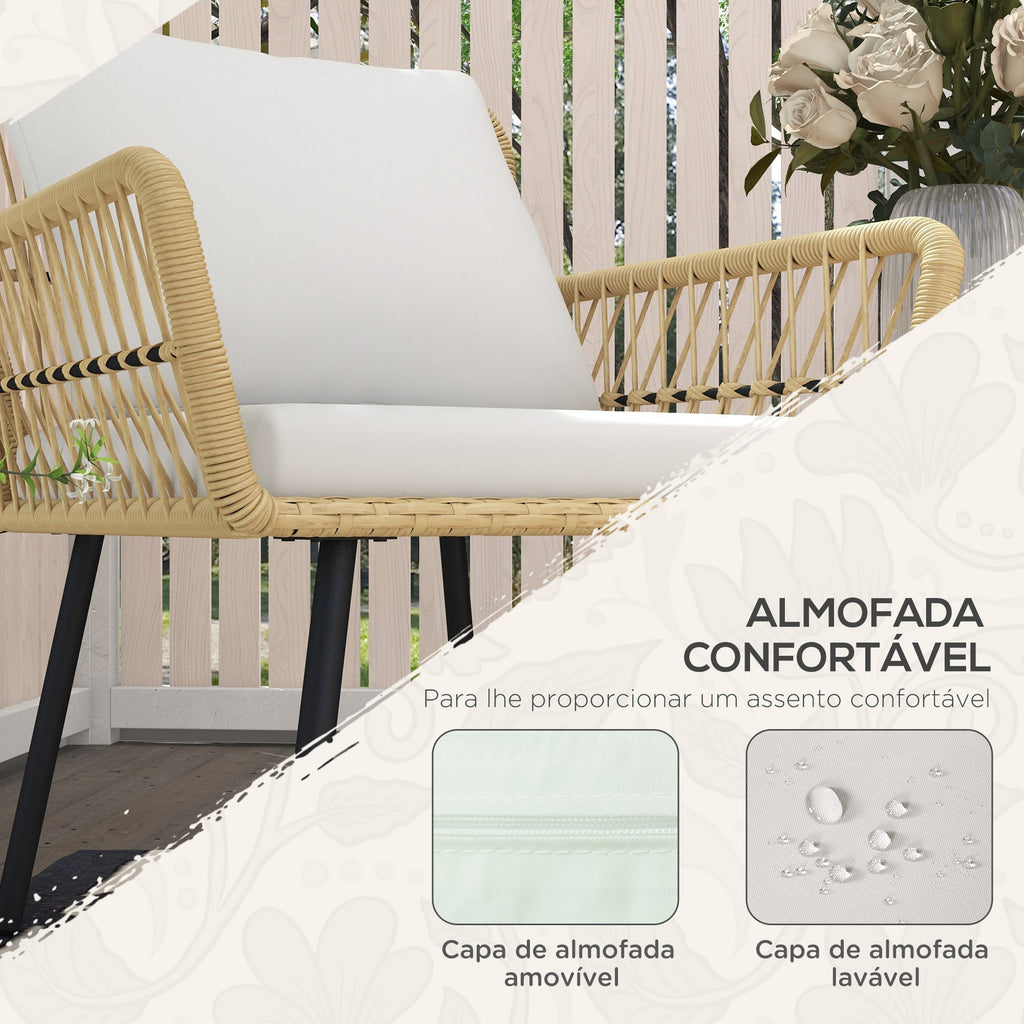 Outsunny Conjunto de Mesa e Poltronas para Jardim Exterior Jogo de 3 Peças de Vime com 2 Poltronas 1 Mesa de Centro Redonda e Almofadas para Terraço Varanda Natural - A minha loja