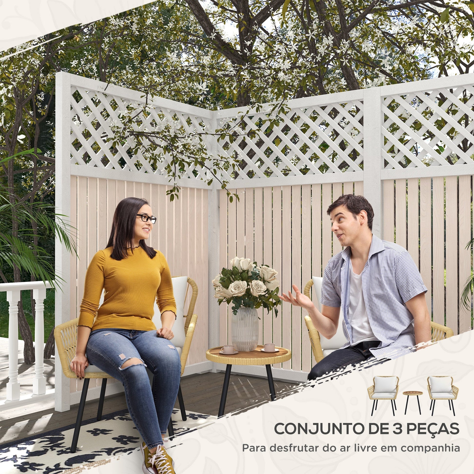 Outsunny Conjunto de Mesa e Poltronas para Jardim Exterior Jogo de 3 Peças de Vime com 2 Poltronas 1 Mesa de Centro Redonda e Almofadas para Terraço Varanda Natural - A minha loja