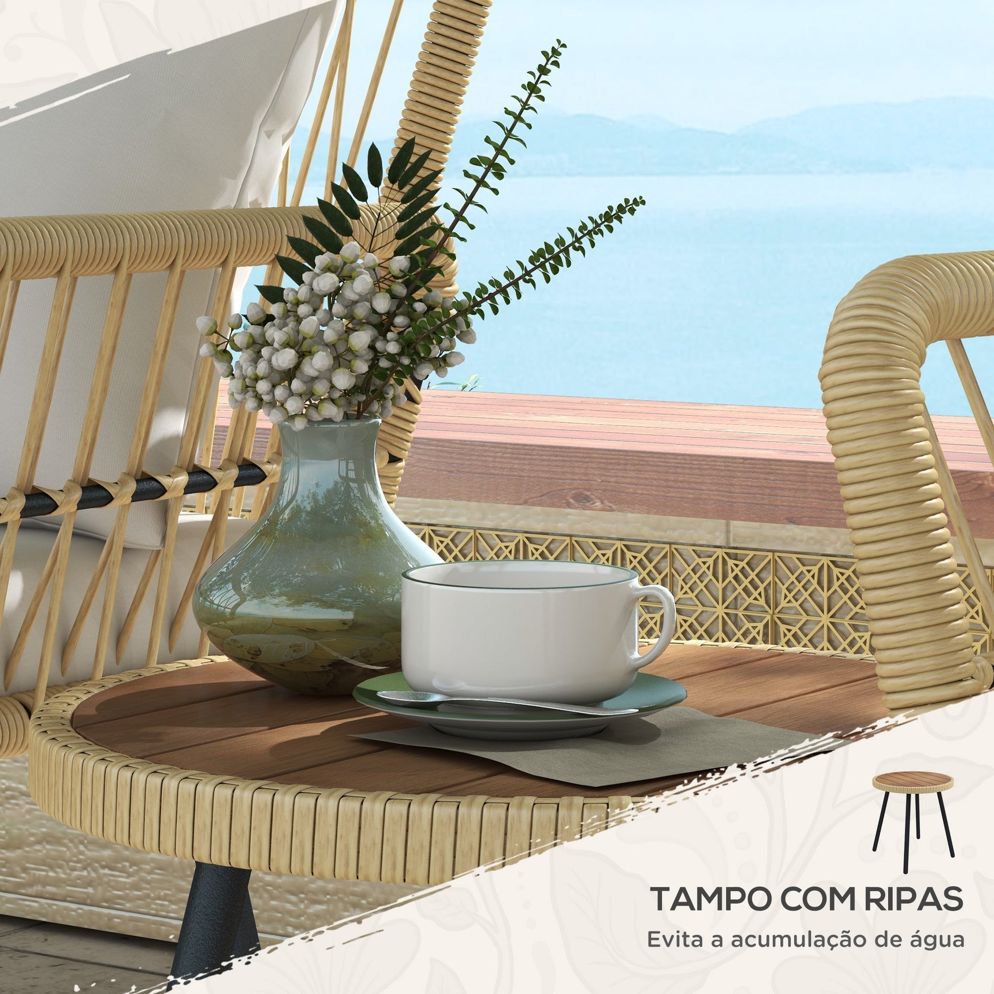 Outsunny Conjunto de Mesa e Poltronas para Jardim Exterior Jogo de 3 Peças de Vime com 2 Poltronas 1 Mesa de Centro Redonda e Almofadas para Terraço Varanda Natural - A minha loja