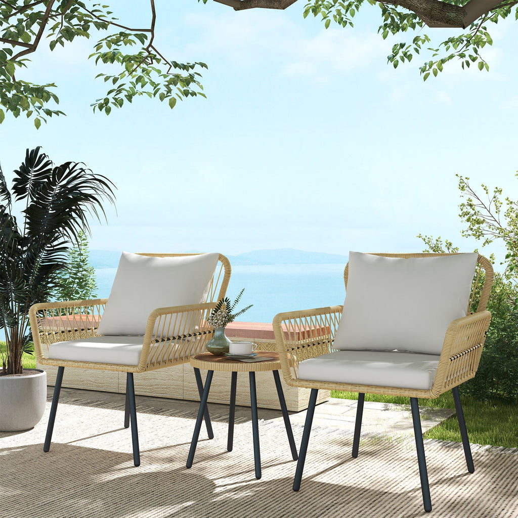 Outsunny Conjunto de Mesa e Poltronas para Jardim Exterior Jogo de 3 Peças de Vime com 2 Poltronas 1 Mesa de Centro Redonda e Almofadas para Terraço Varanda Natural - A minha loja