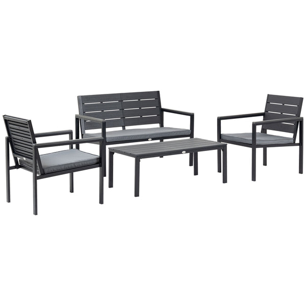 Conjunto de Móveis de Jardim 4 Peças Mesa de Centro Banco 2 Lugares e 2 Poltronas com Almofadas Amovíveis e Estrutura de Aço para Terraço Exterior 113x65x78cm Cinza