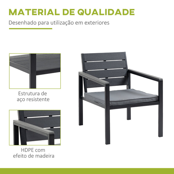 Conjunto de Móveis de Jardim 4 Peças Mesa de Centro Banco 2 Lugares e 2 Poltronas com Almofadas Amovíveis e Estrutura de Aço para Terraço Exterior 113x65x78cm Cinza