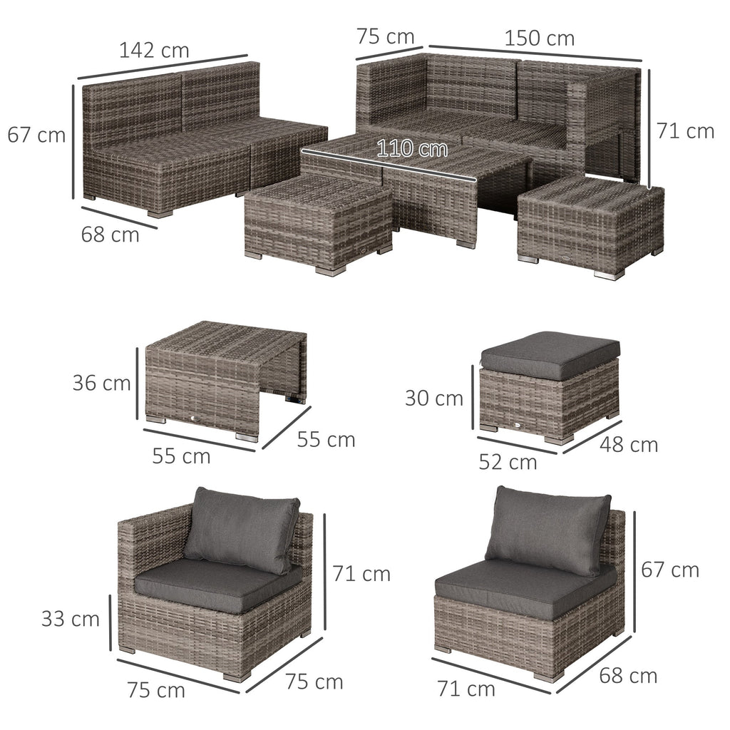 Outsunny Conjunto de Móveis de Jardim 8 Peças de Vime com 2 Mesas de Centro Poltronas de Canto Poltronas Individuais e 2 Apoio para os Pés com Almofadas para Pátio Varanda Exterior Marrom e Cinza - A minha loja