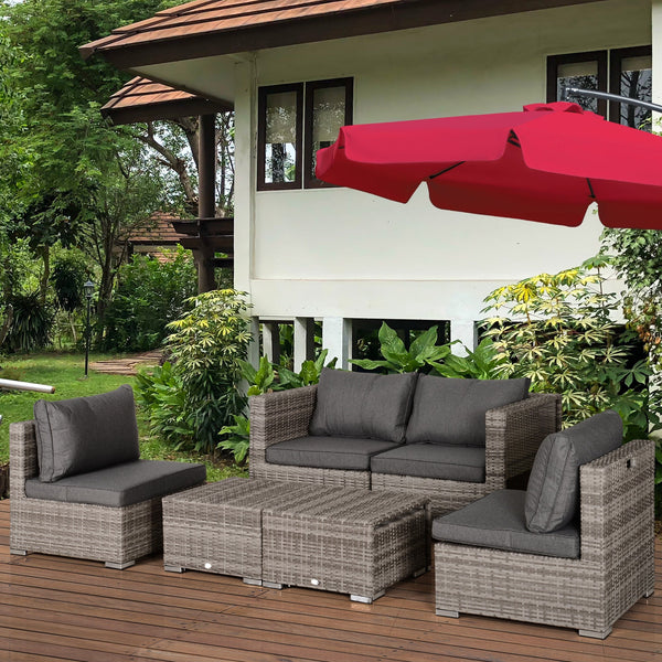 Conjunto de Móveis de Jardim 8 Peças de Vime com 2 Mesas de Centro Poltronas de Canto Poltronas Individuais e 2 Apoio para os Pés com Almofadas para Pátio Varanda Exterior Marrom e Cinza