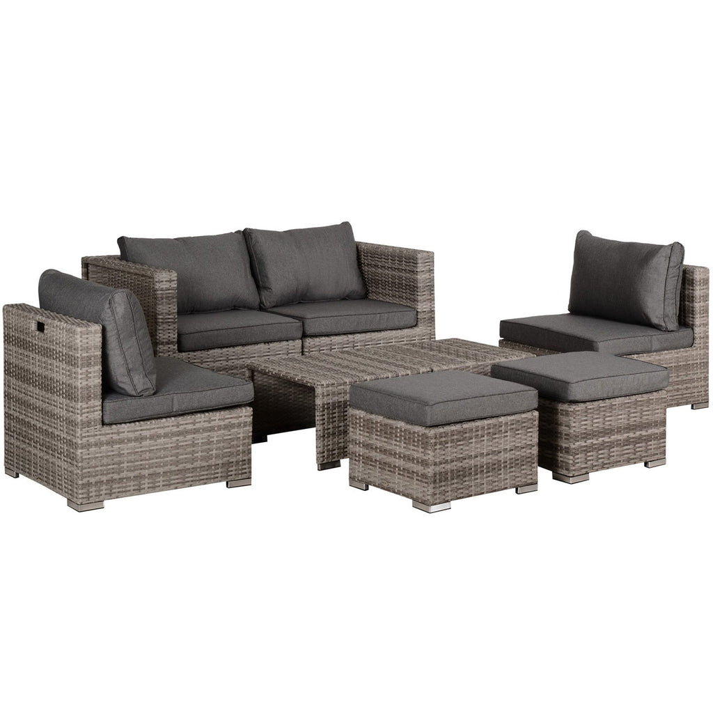 Outsunny Conjunto de Móveis de Jardim 8 Peças de Vime com 2 Mesas de Centro Poltronas de Canto Poltronas Individuais e 2 Apoio para os Pés com Almofadas para Pátio Varanda Exterior Marrom e Cinza - A minha loja