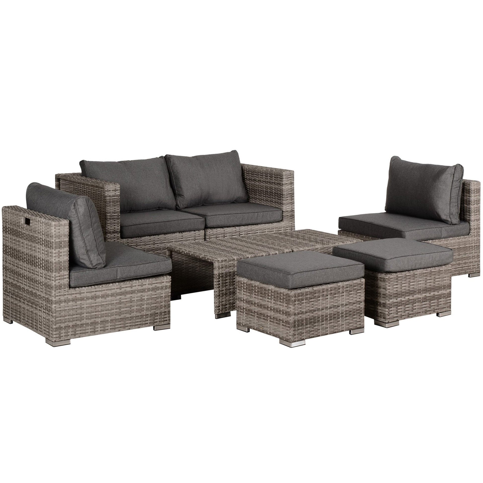 Outsunny Conjunto de Móveis de Jardim 8 Peças de Vime com 2 Mesas de Centro Poltronas de Canto Poltronas Individuais e 2 Apoio para os Pés com Almofadas para Pátio Varanda Exterior Marrom e Cinza - A minha loja