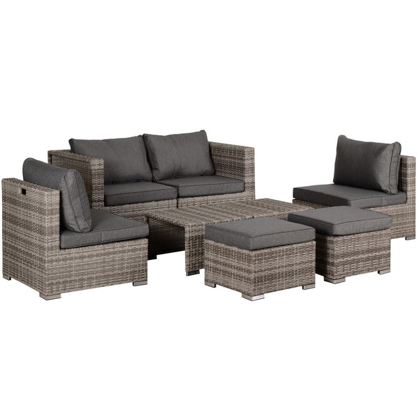 Conjunto de Móveis de Jardim 8 Peças de Vime com 2 Mesas de Centro Poltronas de Canto Poltronas Individuais e 2 Apoio para os Pés com Almofadas para Pátio Varanda Exterior Marrom e Cinza