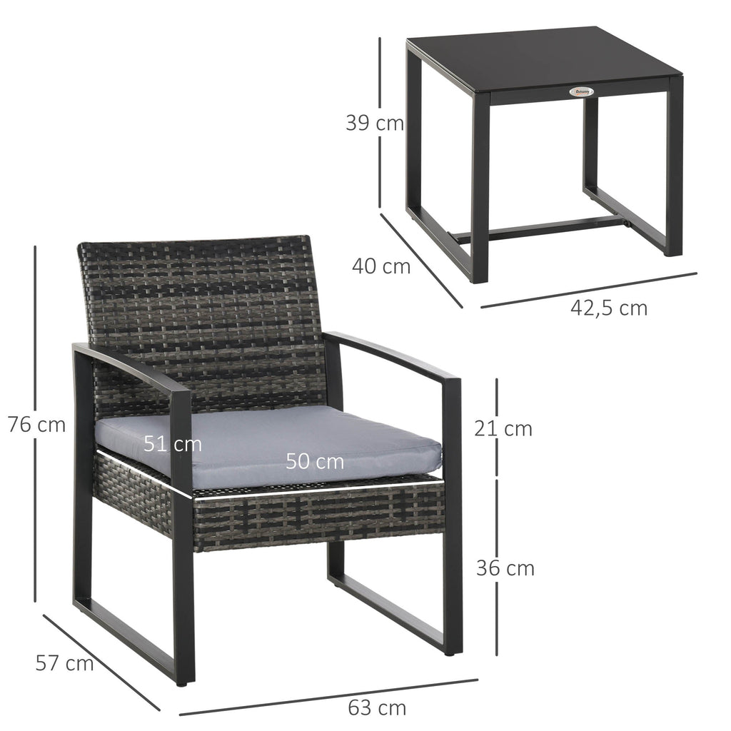 Outsunny Conjunto de Móveis de Jardim de vime 3 Peças com 1 Mesa 42,5x40x39 cm 2 Poltronas 63x57x76 cm Almofada Acolchoada para Pátio Varanda Cinza - A minha loja