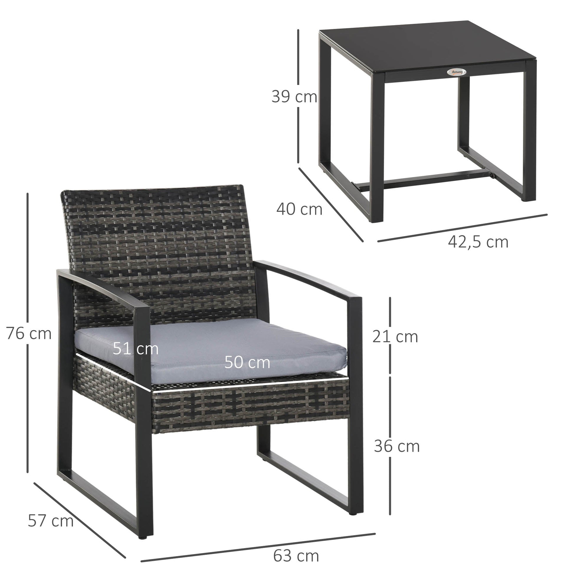 Outsunny Conjunto de Móveis de Jardim de vime 3 Peças com 1 Mesa 42,5x40x39 cm 2 Poltronas 63x57x76 cm Almofada Acolchoada para Pátio Varanda Cinza - A minha loja