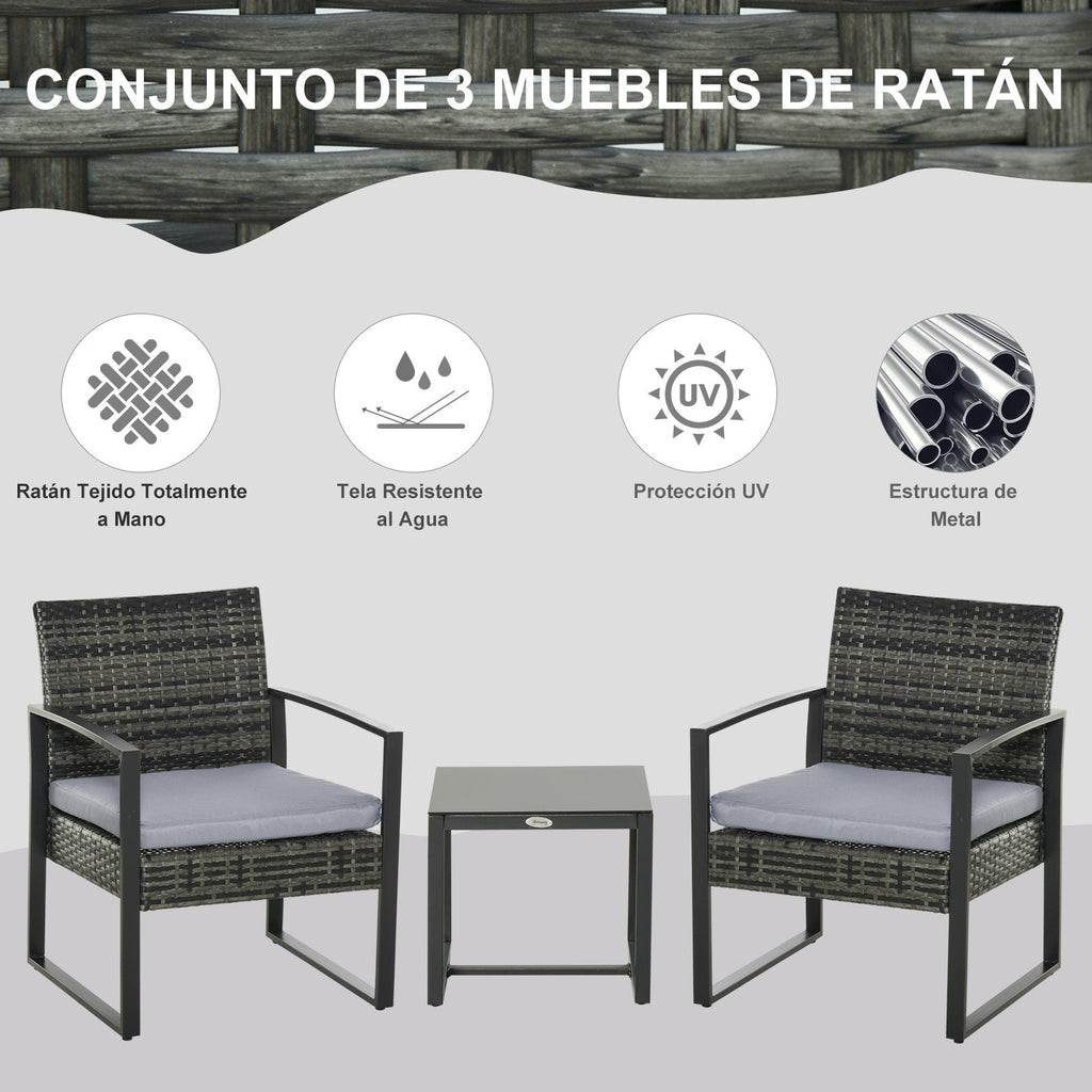 Outsunny Conjunto de Móveis de Jardim de vime 3 Peças com 1 Mesa 42,5x40x39 cm 2 Poltronas 63x57x76 cm Almofada Acolchoada para Pátio Varanda Cinza - A minha loja