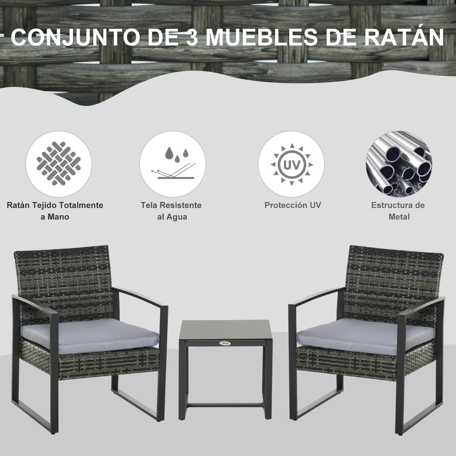 Outsunny Conjunto de Móveis de Jardim de vime 3 Peças com 1 Mesa 42,5x40x39 cm 2 Poltronas 63x57x76 cm Almofada Acolchoada para Pátio Varanda Cinza - A minha loja