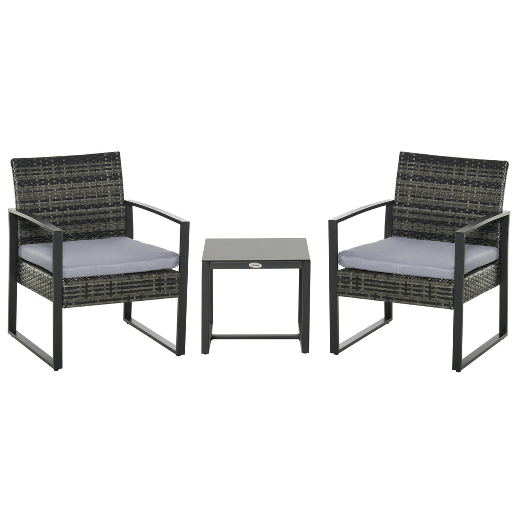 Outsunny Conjunto de Móveis de Jardim de vime 3 Peças com 1 Mesa 42,5x40x39 cm 2 Poltronas 63x57x76 cm Almofada Acolchoada para Pátio Varanda Cinza - A minha loja
