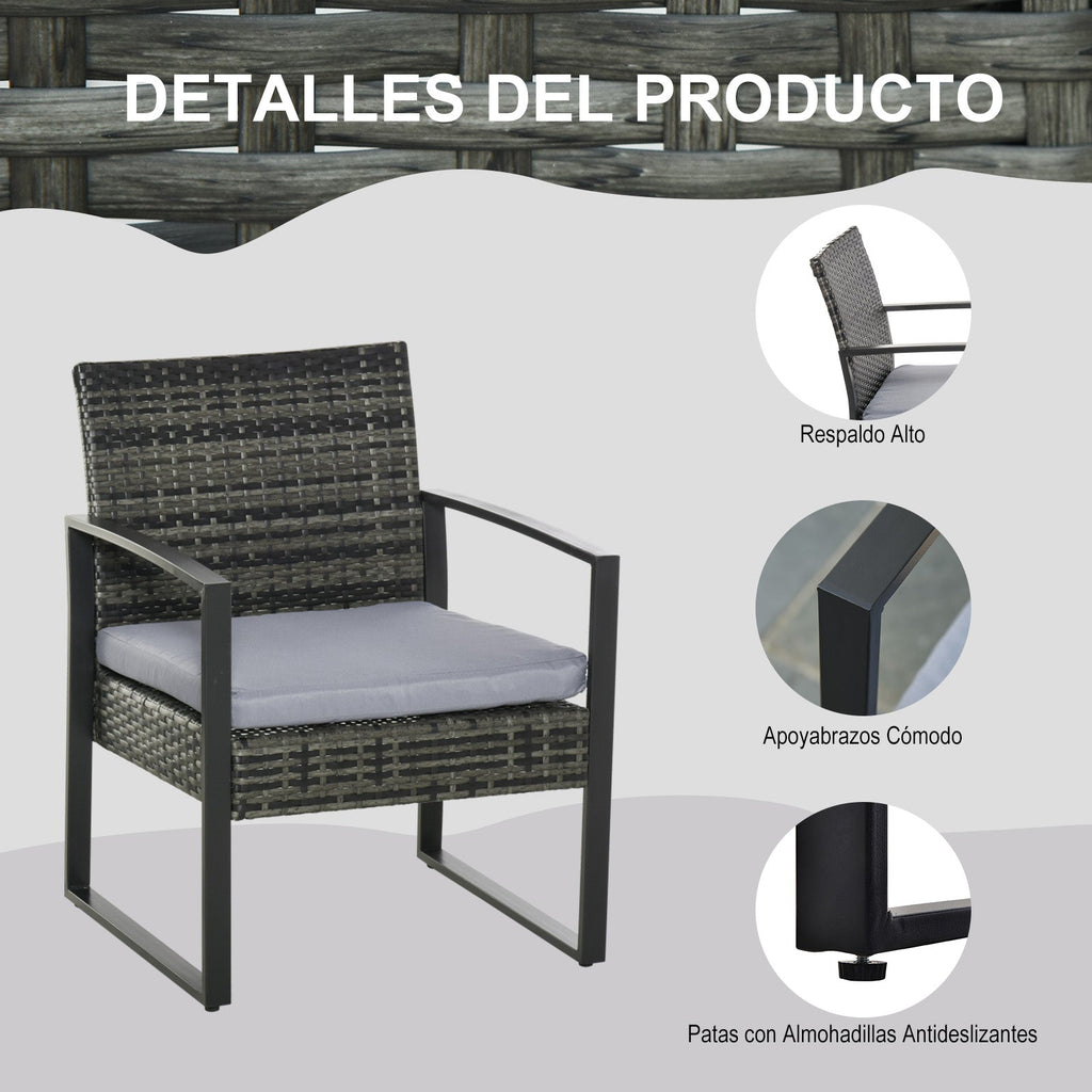 Outsunny Conjunto de Móveis de Jardim de vime 3 Peças com 1 Mesa 42,5x40x39 cm 2 Poltronas 63x57x76 cm Almofada Acolchoada para Pátio Varanda Cinza - A minha loja