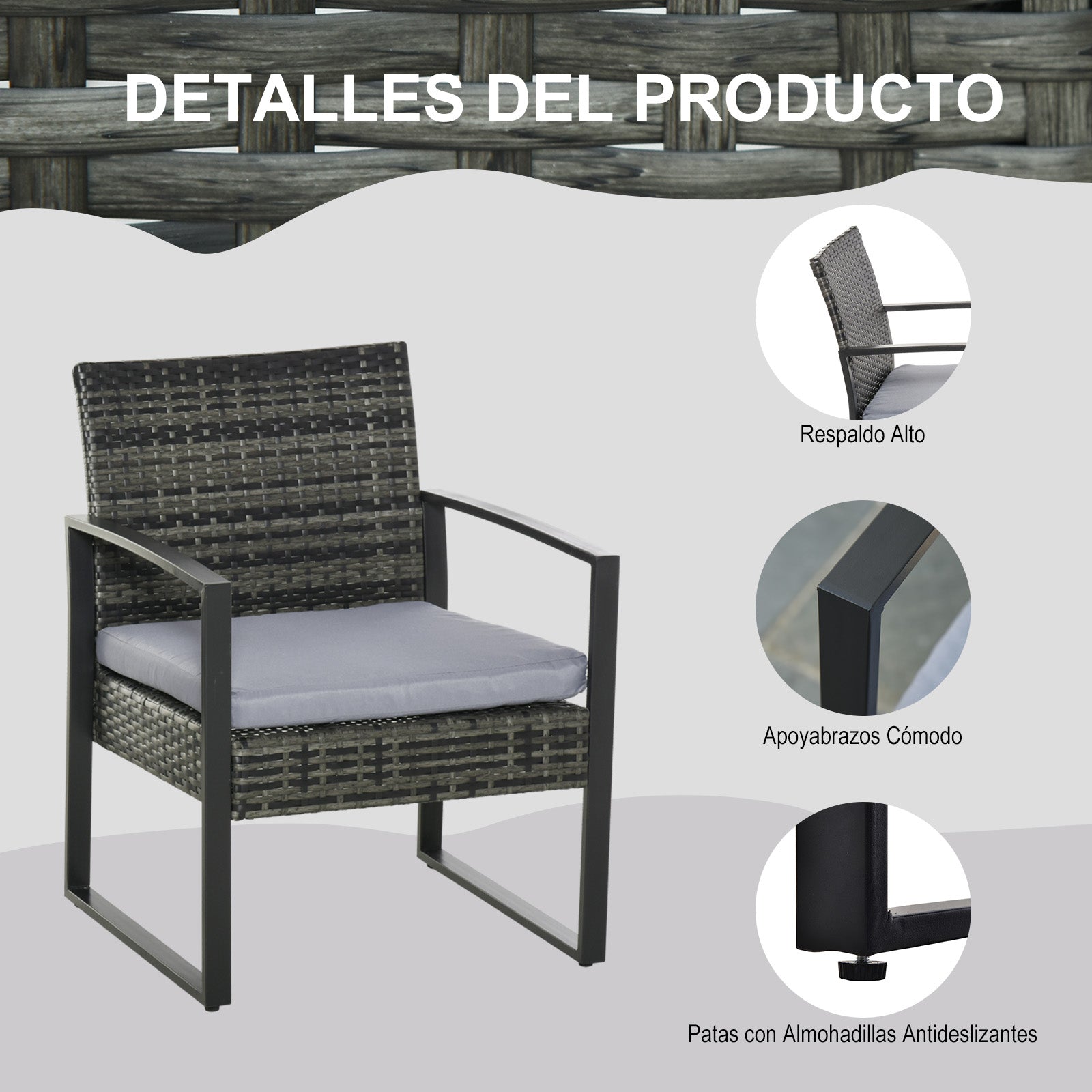 Outsunny Conjunto de Móveis de Jardim de vime 3 Peças com 1 Mesa 42,5x40x39 cm 2 Poltronas 63x57x76 cm Almofada Acolchoada para Pátio Varanda Cinza - A minha loja