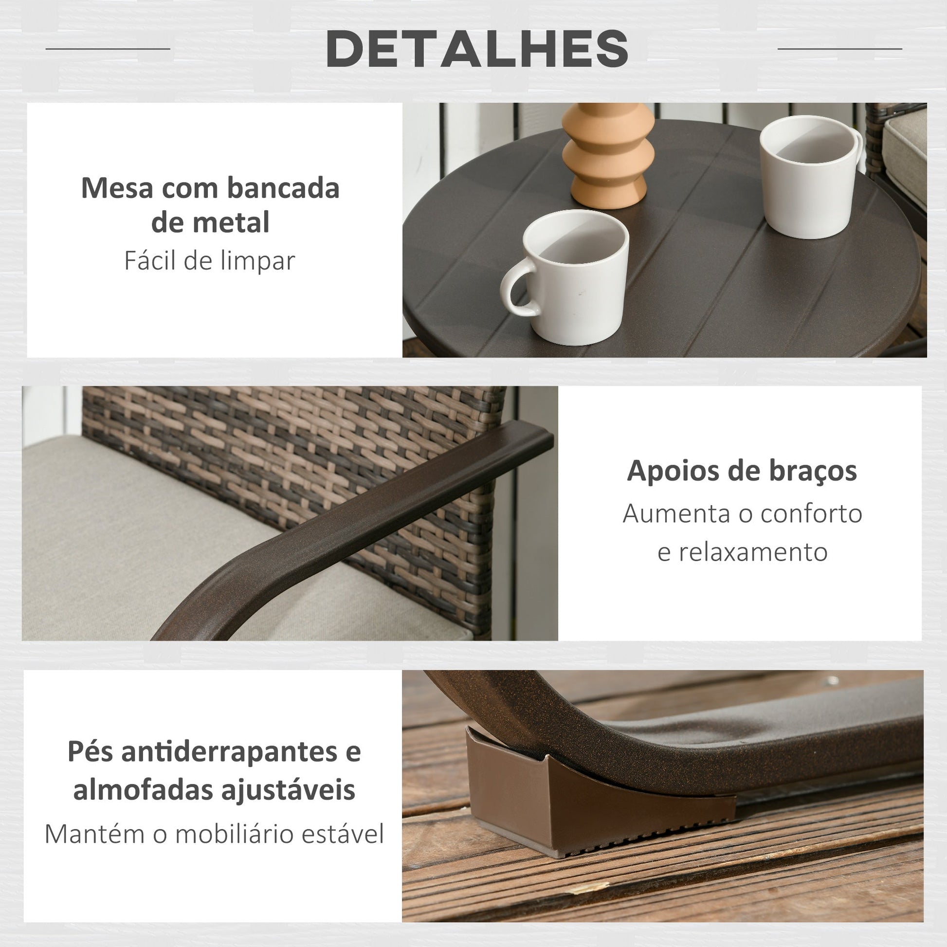 Outsunny Conjunto de Móveis de Jardim de Vime 3 Peças Móveis de Exterior Incluí 2 Poltronas Baloiço com Almofadas e Mesa Redonda para Varanda Pátio Marrom - A minha loja
