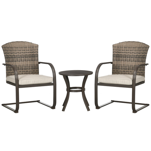 Conjunto de Móveis de Jardim de Vime 3 Peças Móveis de Exterior Incluí 2 Poltronas Baloiço com Almofadas e Mesa Redonda para Varanda Pátio Marrom