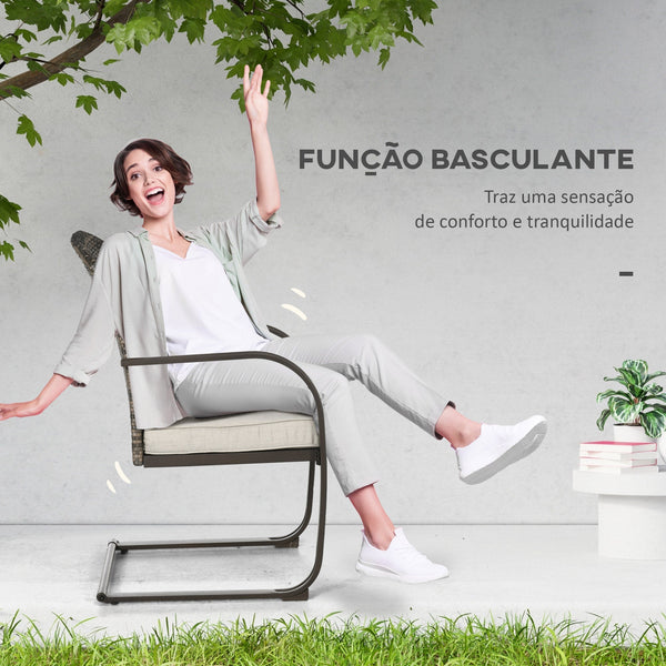 Conjunto de Móveis de Jardim de Vime 3 Peças Móveis de Exterior Incluí 2 Poltronas Baloiço com Almofadas e Mesa Redonda para Varanda Pátio Marrom