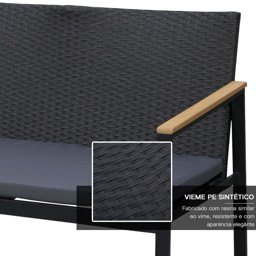 Outsunny Conjunto de Móveis de Vime e 4 Peças com Almofadas Acolchoadas 2 Poltronas 1 Sofá Duplo e Mesa de Centro com Vidro Temperado para Jardim Varanda Preto - A minha loja