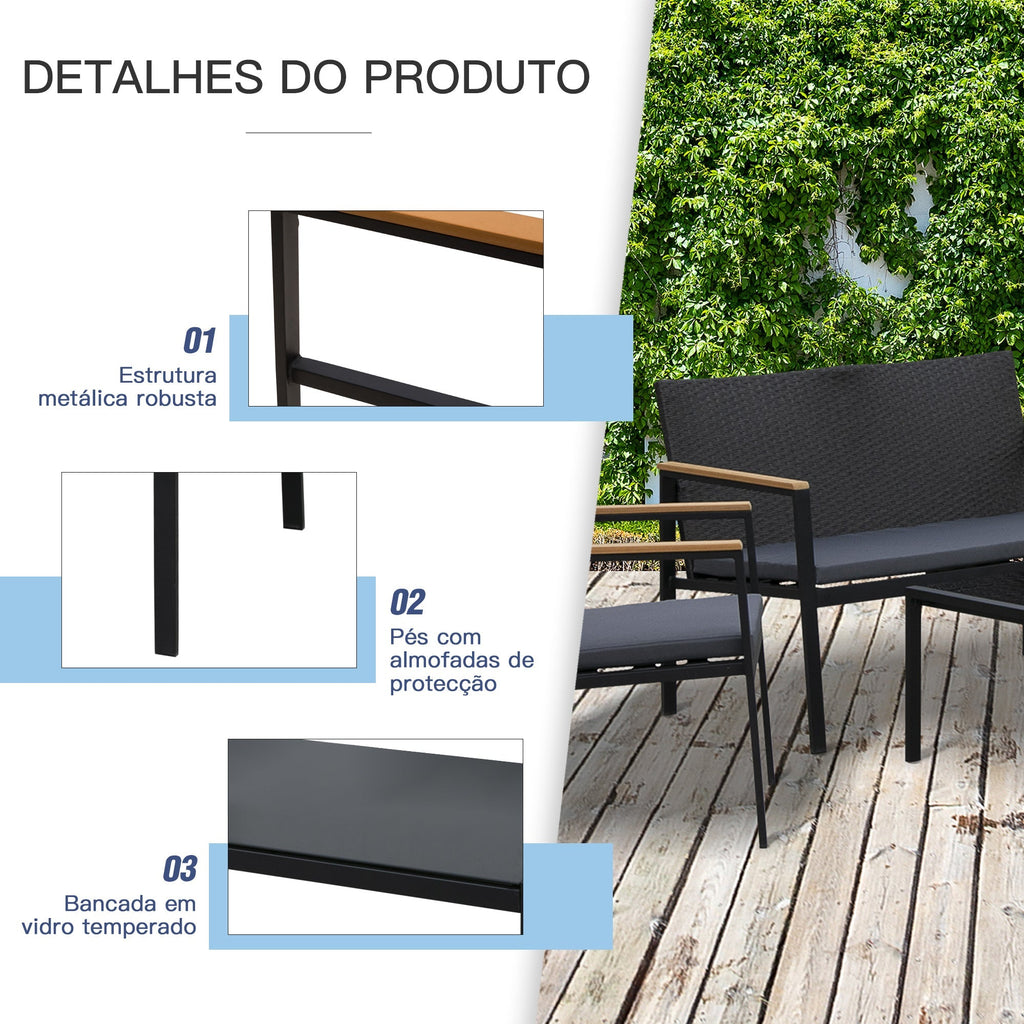 Outsunny Conjunto de Móveis de Vime e 4 Peças com Almofadas Acolchoadas 2 Poltronas 1 Sofá Duplo e Mesa de Centro com Vidro Temperado para Jardim Varanda Preto - A minha loja