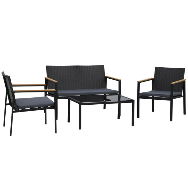 Conjunto de Móveis de Vime e 4 Peças com Almofadas Acolchoadas 2 Poltronas 1 Sofá Duplo e Mesa de Centro com Vidro Temperado para Jardim Varanda Preto
