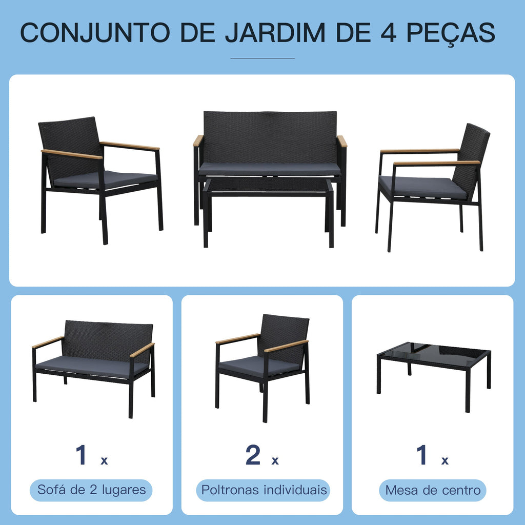 Outsunny Conjunto de Móveis de Vime e 4 Peças com Almofadas Acolchoadas 2 Poltronas 1 Sofá Duplo e Mesa de Centro com Vidro Temperado para Jardim Varanda Preto - A minha loja