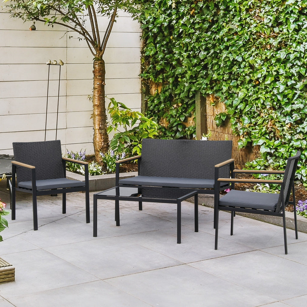 Outsunny Conjunto de Móveis de Vime e 4 Peças com Almofadas Acolchoadas 2 Poltronas 1 Sofá Duplo e Mesa de Centro com Vidro Temperado para Jardim Varanda Preto - A minha loja