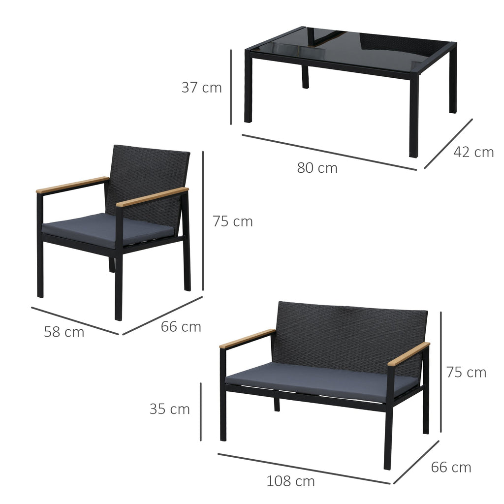 Outsunny Conjunto de Móveis de Vime e 4 Peças com Almofadas Acolchoadas 2 Poltronas 1 Sofá Duplo e Mesa de Centro com Vidro Temperado para Jardim Varanda Preto - A minha loja