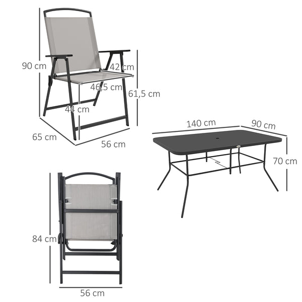 Conjunto de Refeição de 7 Peças Conjunto de Jardim com 6 Cadeiras Dobráveis e Mesa com Orifício para Chapéu de Sol para Terraço Exterior Cinza