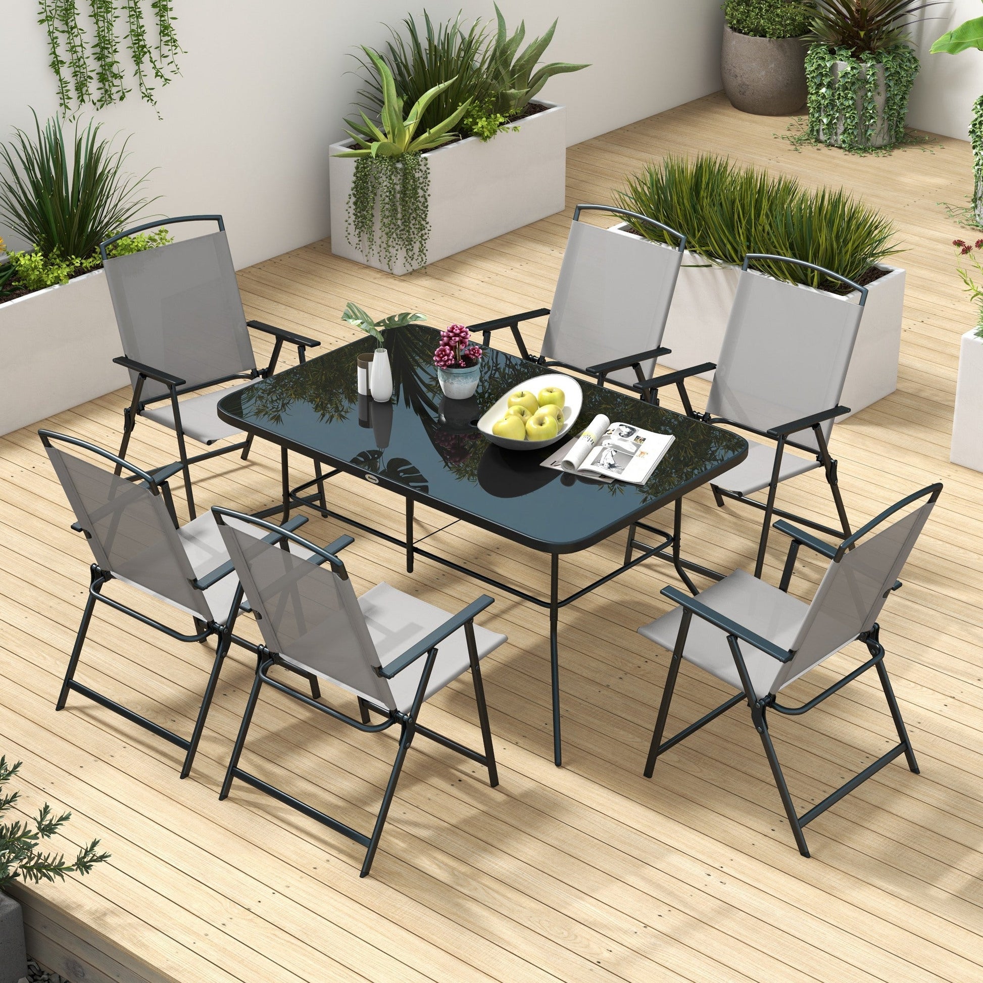 Outsunny Conjunto de Refeição de 7 Peças Conjunto de Jardim com 6 Cadeiras Dobráveis e Mesa com Orifício para Chapéu de Sol para Terraço Exterior Cinza - A minha loja
