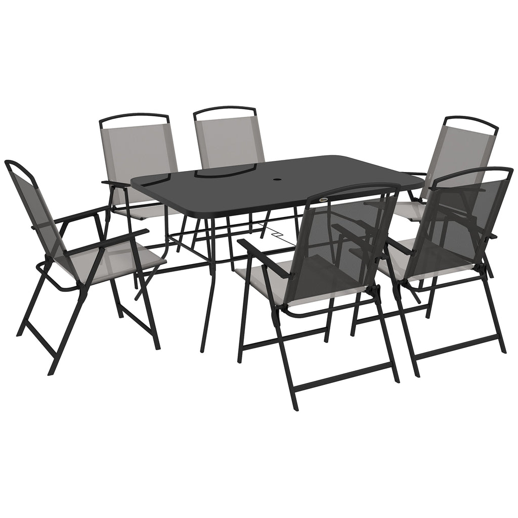 Outsunny Conjunto de Refeição de 7 Peças Conjunto de Jardim com 6 Cadeiras Dobráveis e Mesa com Orifício para Chapéu de Sol para Terraço Exterior Cinza - A minha loja