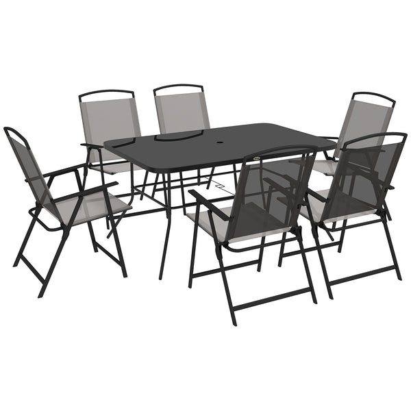 Conjunto de Refeição de 7 Peças Conjunto de Jardim com 6 Cadeiras Dobráveis e Mesa com Orifício para Chapéu de Sol para Terraço Exterior Cinza